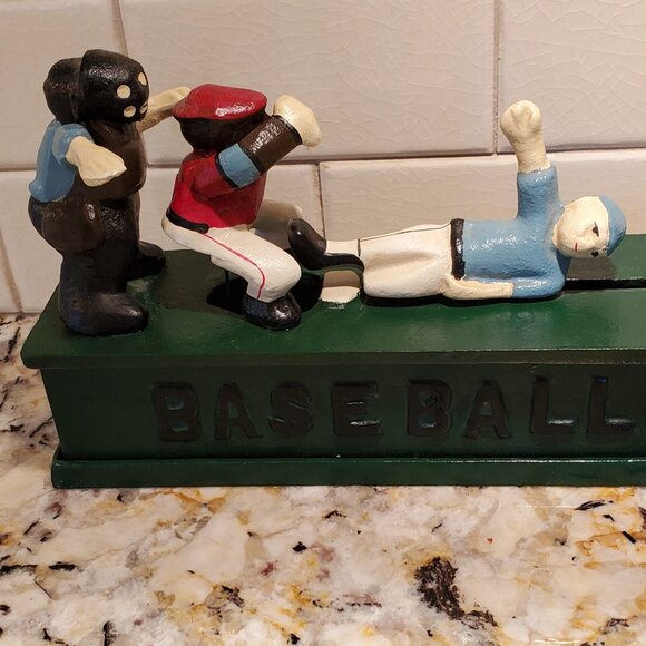 Cast Iron Baseball Mechnical Coin Bank VTG 'SAFE Base Slide ' Collectible VIDEO - Picture 10 of 10
